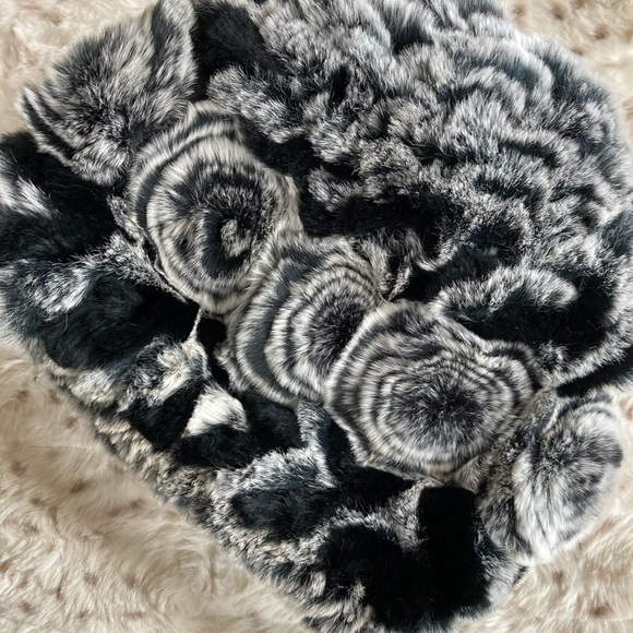 Black and Gray Rabbit Fur Winter Beanie Hat - Picture 3 of 7